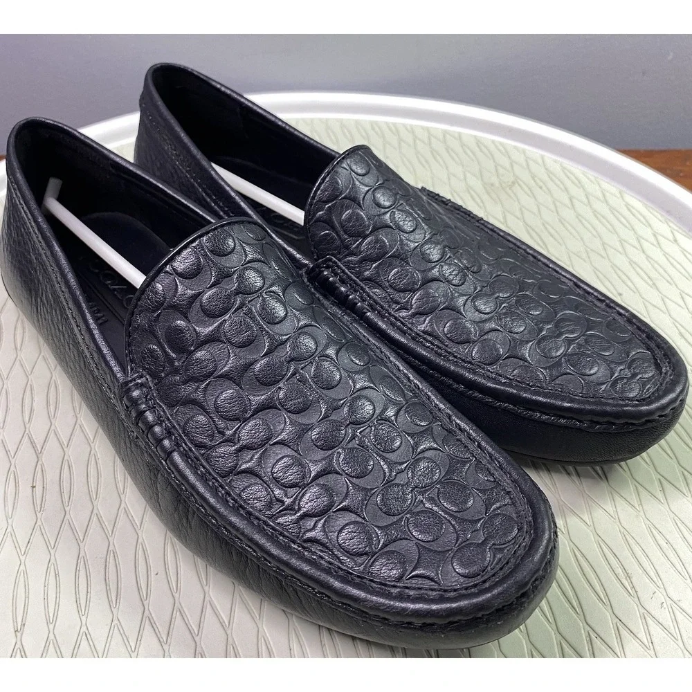 Coach Black‎ Leather Jake 6CM Men's Driving Loafer Shoes Signature C 7.5 M EUC